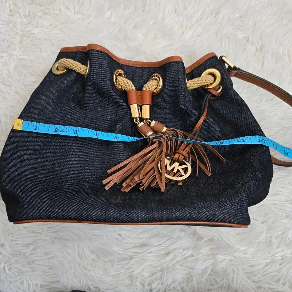 Michael Kors Blue Denim Designer Hobo Handbag With Brown Leather Tassels